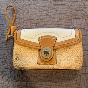 Coach straw and fabric wristlet bag